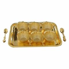 Gold Plated Ice Cream Bowl Set Color Golden Material Brass Finishing Gold Plated Bowl Shape Apple shape Set Contain 6 Bowl,6 Spoon,1 - Image 1