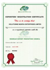 Export license  certificate from HOLUTOSINE NIGERIA ENTERPRISES LIMITED 