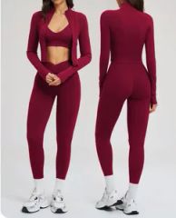 Women's Burgundy 3-Piece Gym Outfit Long Sleeve Zip-up Jacket, Crossover Sports Bra, and High Waist V-Cut Leggings with Pockets Yoga Clothes - Guangzhou RJ Clothing Co., Ltd.