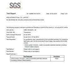 SGS test certificate from Dongguan Ardi Apparel Co., Ltd.