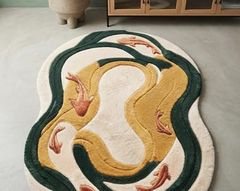 Modern Abstract Koi Fish Rug, Hand Tufted Organic Shape Area Rug, Green Cream Mustard Floor Rug, Contemporary Living Room Bedroom Decor - Image 1