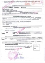 Registre de commerce certificate from FEMOE TRANSIT AFRICA