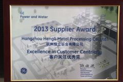 2013 Supplier Award certificate of Hangzhou Hengli Metal Processing Co., Ltd. – certificate photo, supplier certificates section