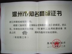 Famous brand in Wenzhou certificate of Zhejiang Bangtai Machine Co., Ltd. – certificate photo, supplier certificates section