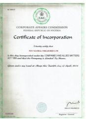 Company Registration Certificate certificate from NUC Global Treasures Limited