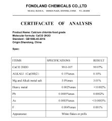 COA certificate of FONDLAND CHEMICALS CO., LTD. – certificate photo, supplier certificates section