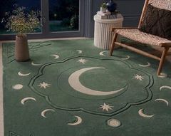 Modern Green Celestial Hand Tufted Rug, Moon & Stars Area Rug, Sage Green Wool Rug, Contemporary Living Room Decor, Handmade Gift Rug – product photo 1, product detail gallery