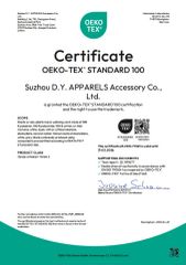 OEKO-TEX 100 certificate from Suzhou D. Y. Apparels Accessory Co., Ltd.