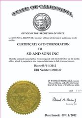 company certificate certificate from SD AND SONS INC