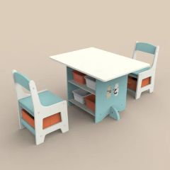 Kids Wooden Table and Chair with Fabric Foldable Storage Boxes - Image 1