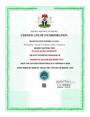 CAC certificate from Dangote Sugar Group