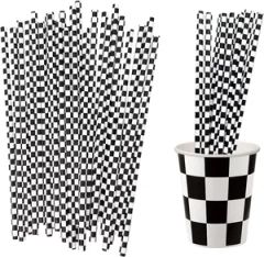 Paper Straws Racing Car Straws Black and White Checkered Drinking Straws for Racing Birthday Party Decorations - Image 1