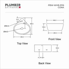 Cona Wall Hung Basin Color White Size 365 x 360 x 145mm Mount Type Wall Mounted Model Number PBW WHB 9116 Product Brand Plumber - Image 2