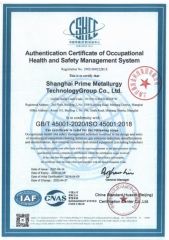 Occupational Health and Safety Management System Certification certificate from Shanghai Prime Metallurgy Technology Co., Ltd