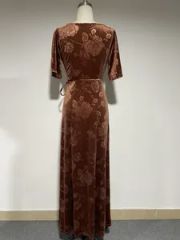 Floral Embossed Velvet Maxi Dress Long Long Color Spice Origin China Style Casual Season Winter Trademark OEM Front Fly - Image 6
