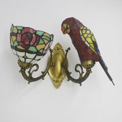 Tiffany double wall lamps pair sconce stained glass bird dragonfly flower decor - Image 1