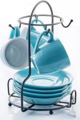 Blue White Ceramic Espresso Coffee Tea Cups & Saucers Set W/ Storing Rack - Image 1