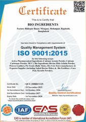 ISO 9001:2015 certificate from Bio Ingredients