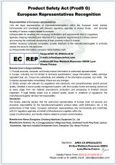 Product Safety Act (Prods G) European Representatives Recognition certificate of Zhengzhou Chentong Machinery Equipment Co., Ltd – certificate photo, supplier certificates section