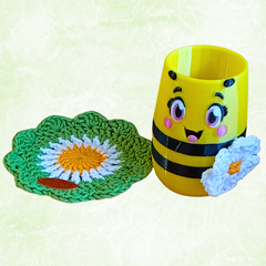 Bee Shaped Desk Organizer with Handmade Crochet Flower & Mat, 3D Printed Pencil Holder, Cute Office Storage Container, R - Image 5