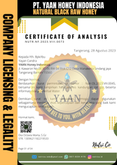 COA certificate from PT. YAAN HONEY INDONESIA