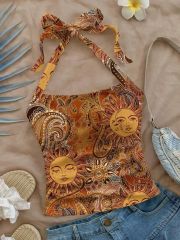 Sling Top Hot Summer Sexy Neck Tank Tops Casual Party Vacation Floral Short Front for Womens - Image 1