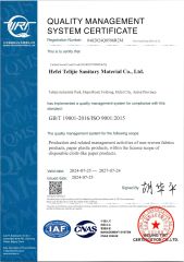 ISO-9001 certificate from HEFEI TELIJIE SANITARY MATERIAL CO., LTD.