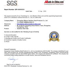 SGS Report certificate of Jiangmen Walnut Stainless steel Products Co., Ltd – certificate photo, supplier certificates section