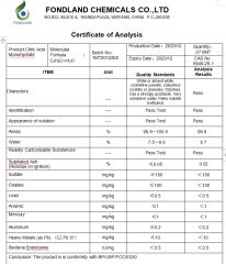 COA-CITRIC ACID certificate of FONDLAND CHEMICALS CO., LTD. – certificate photo, supplier certificates section