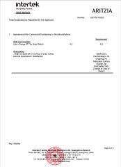 test report certificate from Shenzhen Jiuzhou Weili Garment Accessories Co., Ltd.