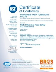BRC certificate from Guangdong Tasty Foodstuffs Co., Ltd.