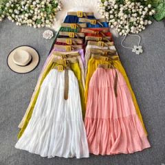 Womenssummer High Waist Puff Cake Skirt with Belt MID Length Casual Slimming Pleated Layered Skirt Beach Dress Flowy Lightweight Elegant A Line Skirt - Mingteng Clothing Factory Ltd.