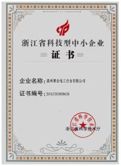 Zhejiang science and technology small and medium-sized enterprises certificate from Wenzhou Saijin Electrical Alloy Co., Ltd
