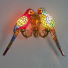Tiffany double wall lamps pair sconce stained glass bird dragonfly flower decor - Image 3