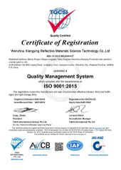 ISO9001:2015 certificate from Wenzhou Xiangying Reflective Materials Science Technology Co., Ltd.