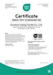 OEKO-TEX STANDARD 100 certificate from Kunshan Yulong Textile Co., Ltd.