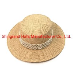 Summer Trendy Flat Boater Straw Hat Wide Brim with Pearls Origin China Season Summer Style Striped HS Code 6504000000 Trademark - Shingrand Hats Manufacturer Co., Ltd.