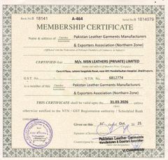 PLEGMIA certificate from Msn Leathers Private Limited