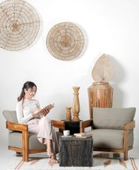 sofa with cushion Teak wood & rattan robes combination - Image 1