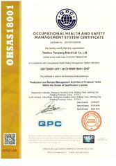 Occupational Health and Safety Management Systems Certification certificate from Taizhou Tianyang Electrical Co., Ltd.