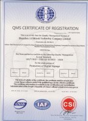 ISO9001 certificate from Shenzhen LCDKIOSK Technology Co., Ltd.