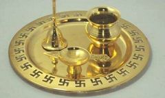 Pooja Thali Set Material Brass Size 9"/ 12" dia Accessories Included Yes Packaging Type Brown box/ Velvet box,Corrugated - Satya Handicrafts