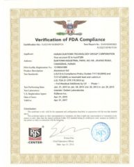 FDA ceritificate of our alumnum foil raw materials. certificate from Wenzhou Aifite Paper & Plastic Packaging Co., Ltd.