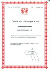 Certificate of Incorporation certificate from Goldspark Mines Ltd