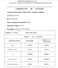COA-SODA ASH certificate of FONDLAND CHEMICALS CO., LTD. – certificate photo, supplier certificates section