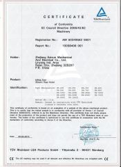 2006/42/EC certificate from Zhejiang Kaixun Mechanical and Electrical Co., Ltd.