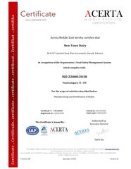 ISO 22000:2018 certificate from New Town Dairy
