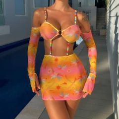 Women's Long Sleeve Colorful Bead Strap Mesh Dress Sexy Women's Smock Set - Hangzhou Sunra Fashion Co., Ltd.