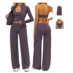 Spring Winter Autumn 5 Colors Women Outdoor Seamless Yoga Fitness Sports Running Cross Bra Shirts V Neck Top Wide Leg Leggings Gym Sportswear for Women - Guangzhou RJ Clothing Co., Ltd.