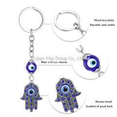 Custom Hand Rhinestone Crystal Blue Key Chain Lucky Metal Bracelet Evil Charms Pendant Eye Keychain - Image 2